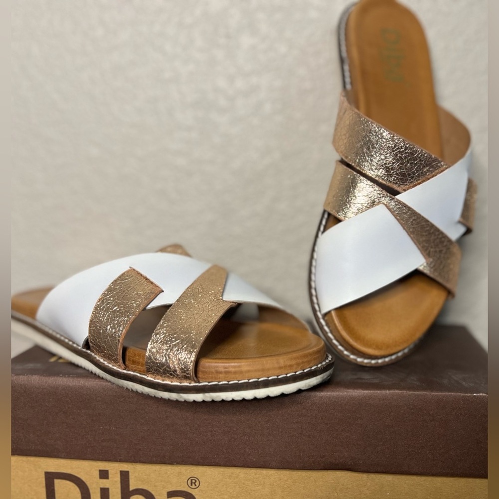 White and gold slip on sandals, Diba Flynn, size 7.5